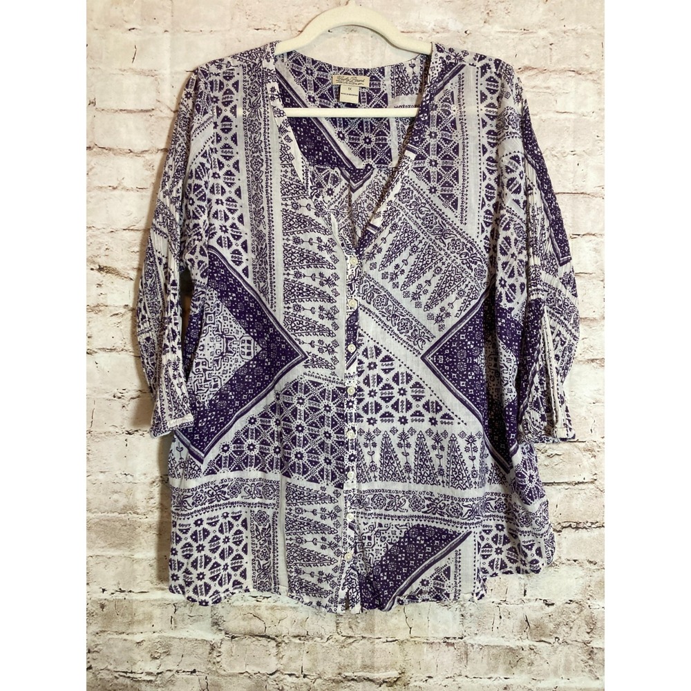 Lucky Brand Boho Top Womens 1X Beige Purple Mixed Print Hippie Blouse